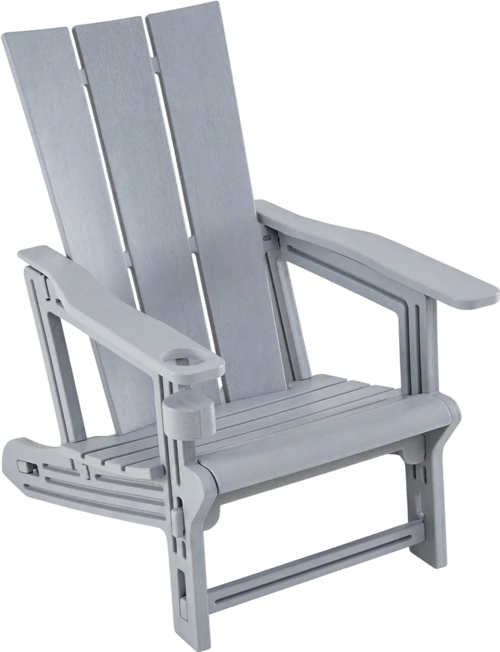 Gray HDPE outdoor Adirondack chair features a curved backrest and built-in cup holder, perfect for relaxing in style.