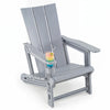 Gray HDPE outdoor Adirondack chair with a cup holder, featuring a curved backrest and wide armrests for added comfort.
