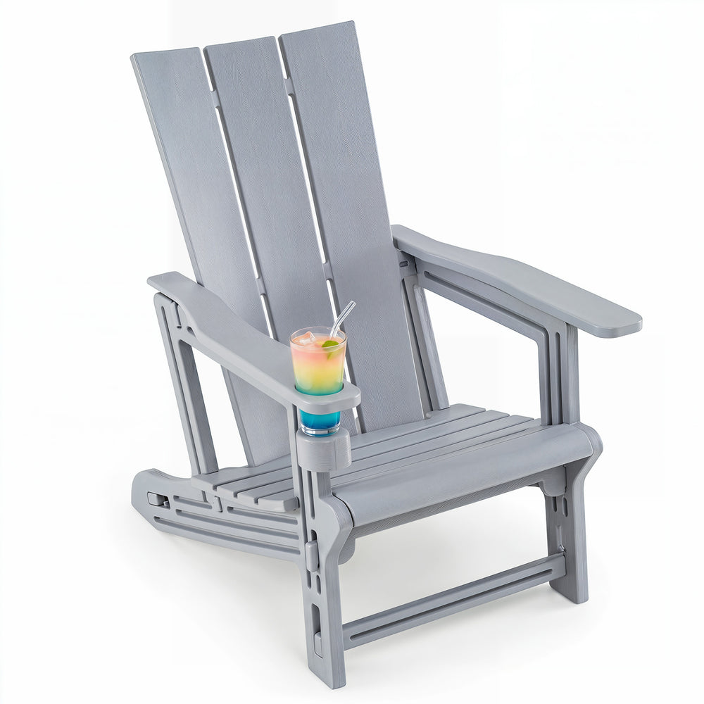 Gray HDPE outdoor Adirondack chair with a cup holder, featuring a curved backrest and wide armrests for added comfort.