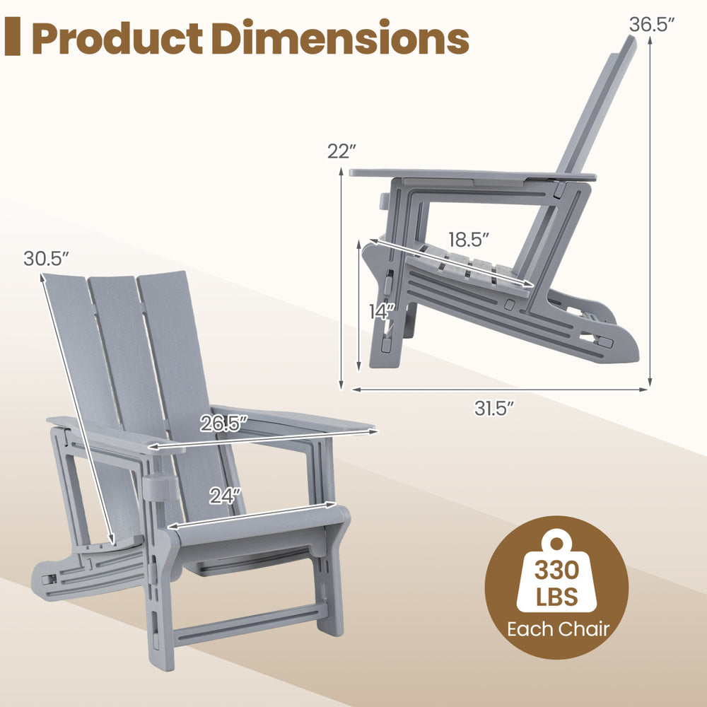 Gray HDPE outdoor Adirondack chair dimensions include a curved backrest and wide armrests for optimal comfort and support.