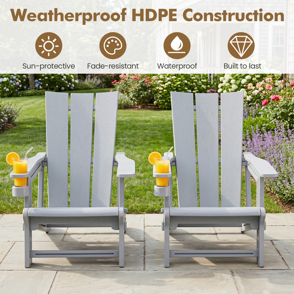 Gray HDPE outdoor Adirondack chairs with cup holders feature a curved backrest and wide armrests for ultimate comfort.