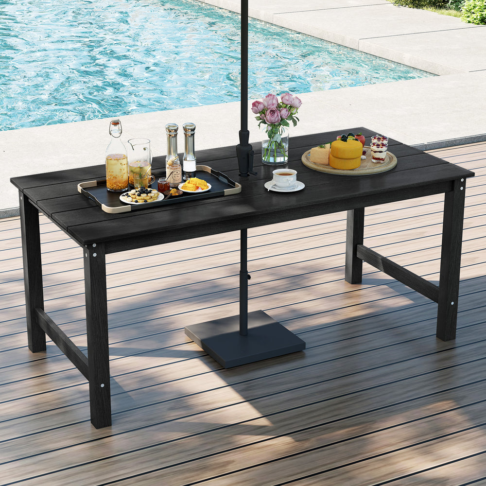 HDPE Outdoor Dining Table for 6 Person with Wood-Like Tabletop and Umbrella Hole-Gray