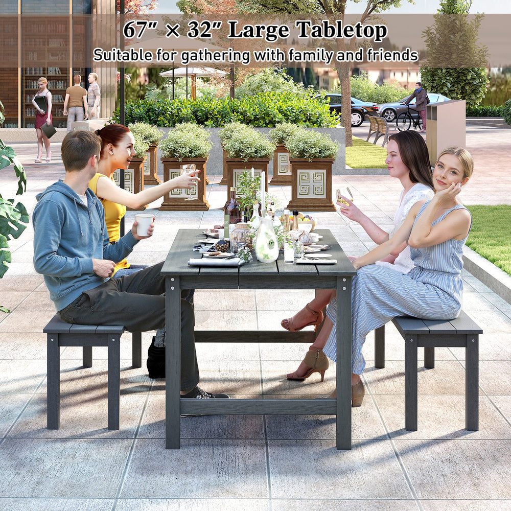 HDPE Outdoor Dining Table for 6 Person with Wood-Like Tabletop and Umbrella Hole-Gray
