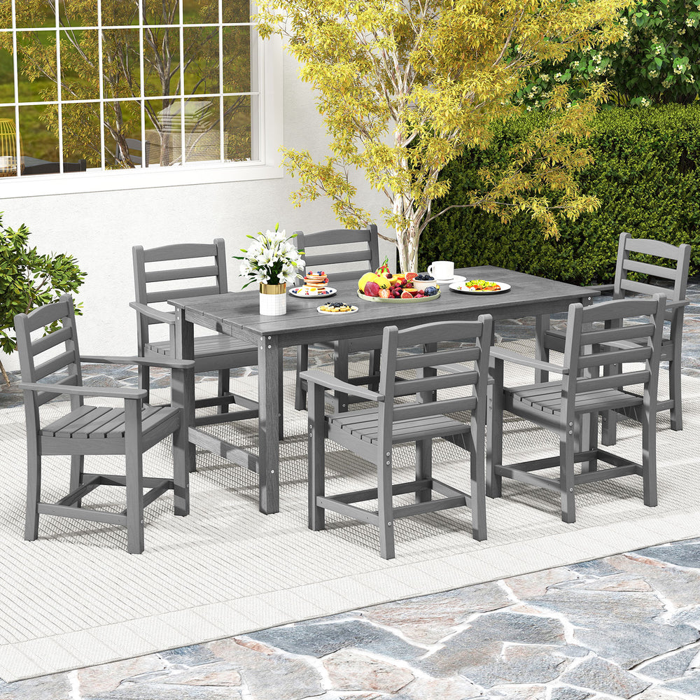 Gray HDPE outdoor dining set with six chairs and a spacious table, ideal for outdoor gatherings on the patio or garden.