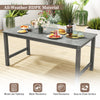 Gray HDPE outdoor dining table for 6 with wood-like tabletop, umbrella hole, and easy-to-clean surface for patio.