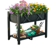 Elevated black HIPS raised garden bed with vibrant flowers, featuring a slatted shelf for gardening tools and.
