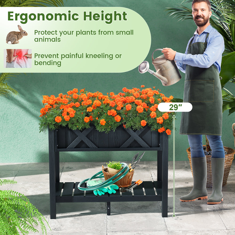 Ergonomic 29" black elevated planter box made of durable HIPS material, perfect for growing flowers and herbs.
