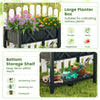 Large black elevated planter box made of durable HIPS material with bottom storage shelf for gardening tools and.