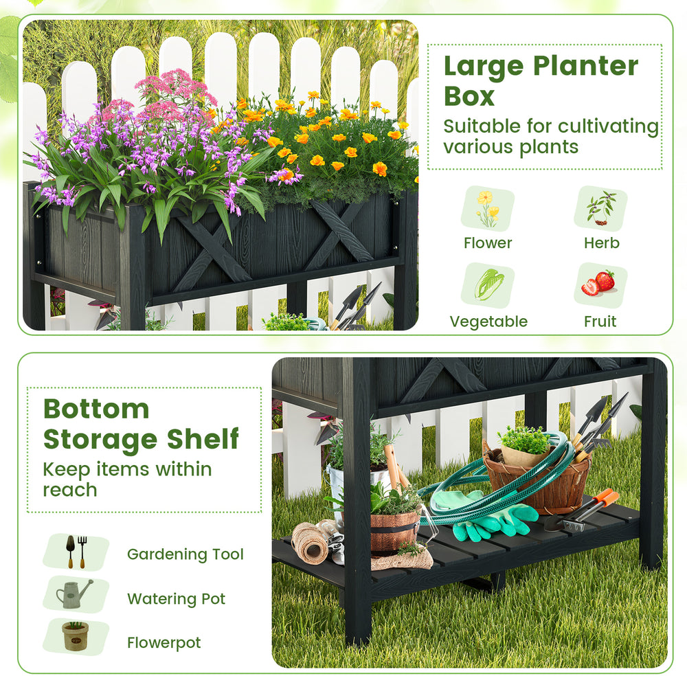 Large black elevated planter box made of durable HIPS material with bottom storage shelf for gardening tools and.