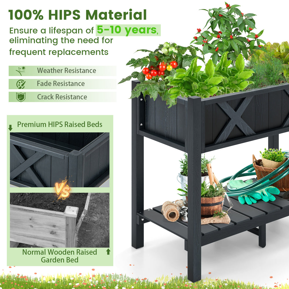 HIPS raised garden bed in black with ergonomic height, featuring drainage holes and textured grains for plant.
