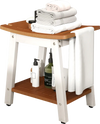 HIPS shower bench seat in brown and white with towel bar, soap holder, and open shelf for bathroom or outdoor use.