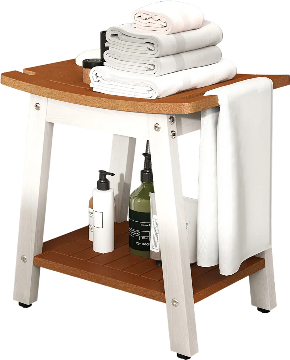 HIPS shower bench seat in brown and white with towel bar, soap holder, and open shelf for bathroom or outdoor use.