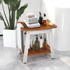 HIPS shower bench seat in brown and white with towel bar, soap holder, and open shelf for indoor or outdoor use.