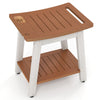 Brown and white HIPS shower bench seat with handle, featuring a towel bar and open shelf, ideal for indoor or outdoor.