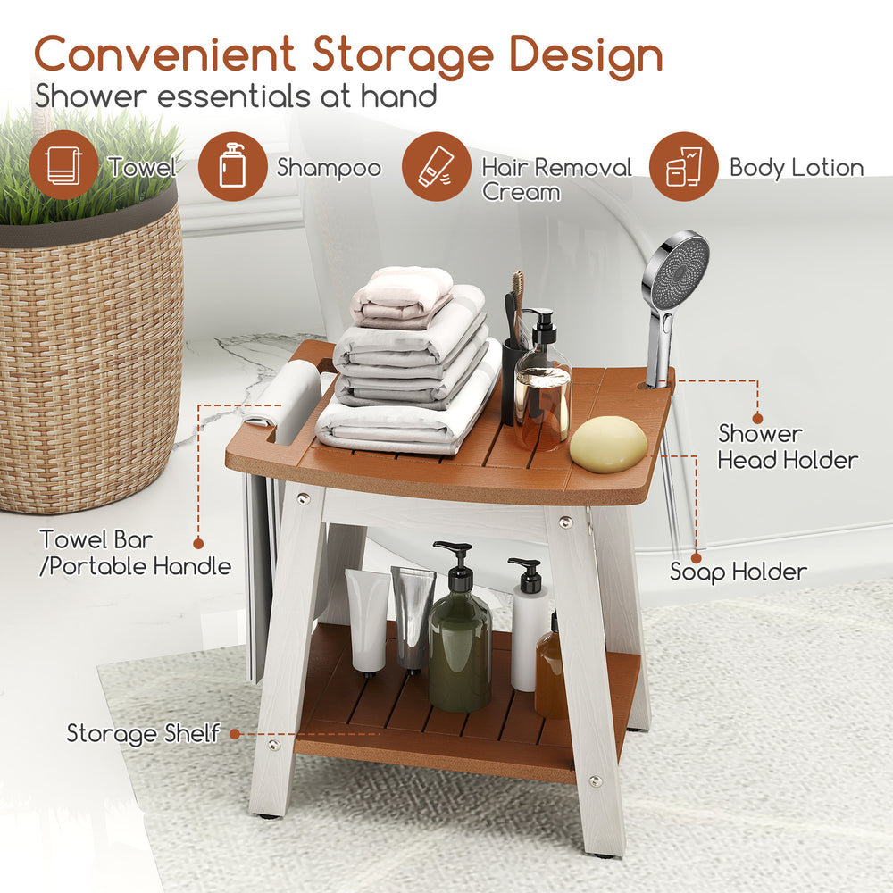 HIPS shower bench seat in brown and white with towel bar, soap holder, and shower head holder for convenient storage.