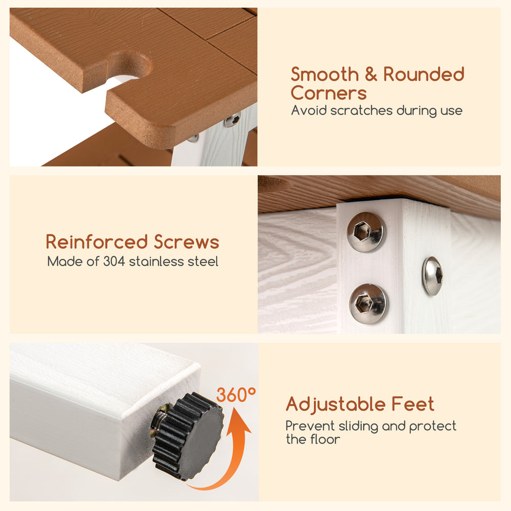 Detail of the HIPS shower bench showing reinforced stainless steel screws and adjustable feet for stability and comfort.