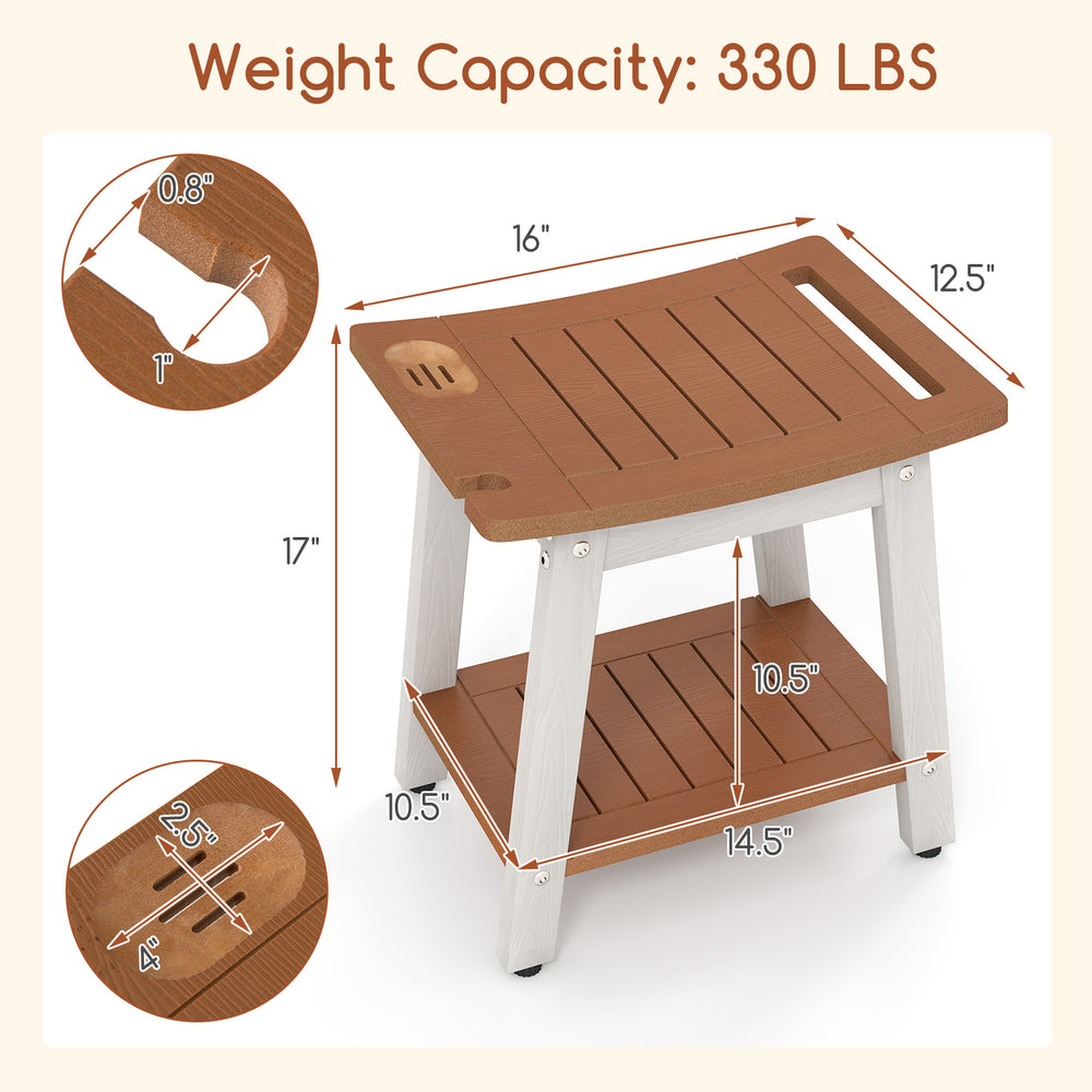 HIPS shower bench seat in brown and white with handle, featuring a towel bar and open shelf for versatile use.