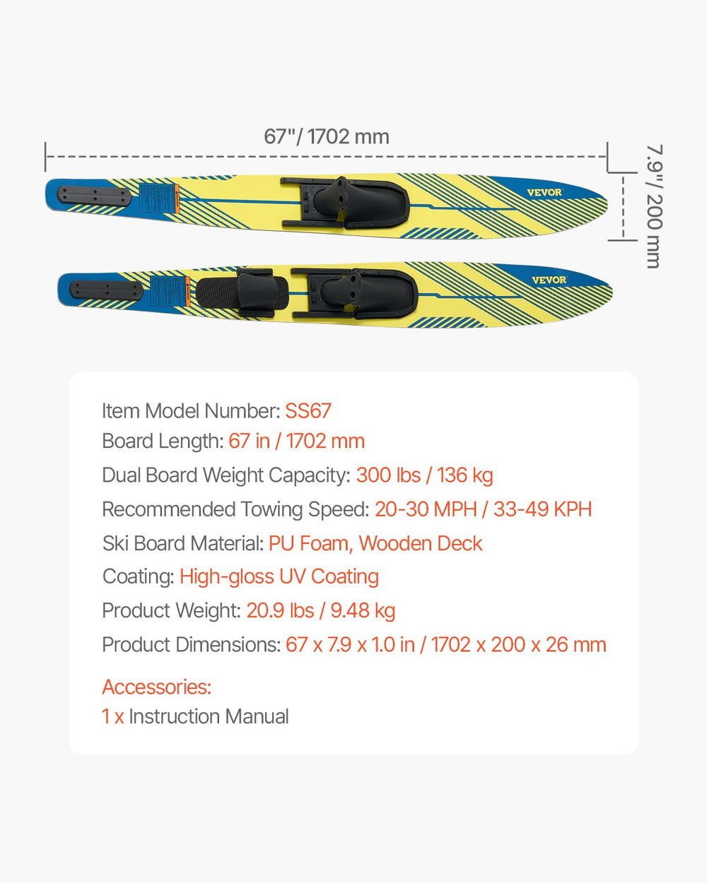 Vevor Water Skis Combo 67" 300 Lbs Capacity Adjustable X9 Bindings Rear Toe Plate for Adults New