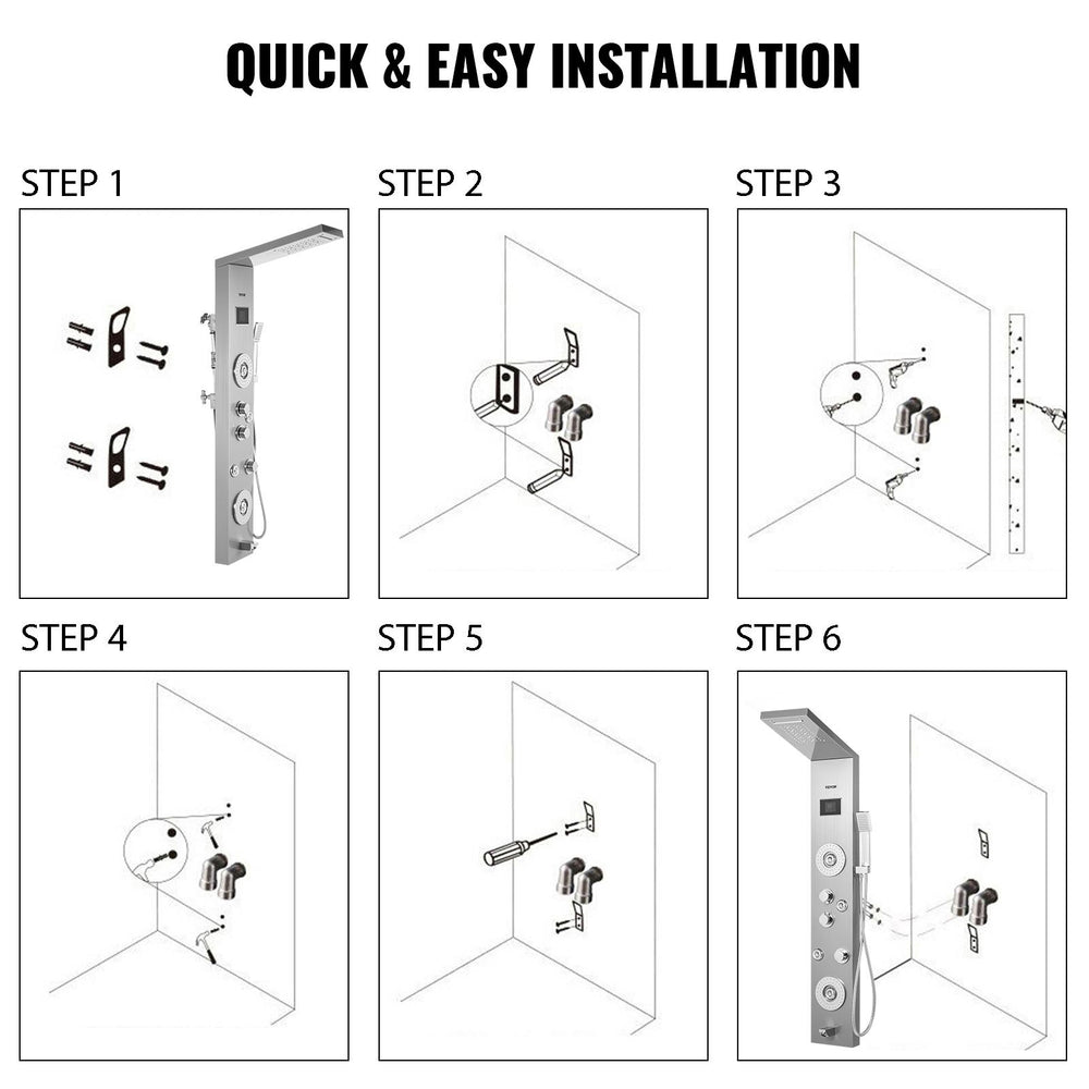 Vevor 6-in-1 LED Shower Panel Tower System Stainless Steel with Rainfall Waterfall and Adjustable Jets New