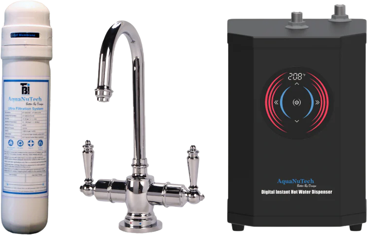 AquaNuTech Digital Instant Hot Water Dispenser with Traditional Hot/Cold Faucet & Filtration New