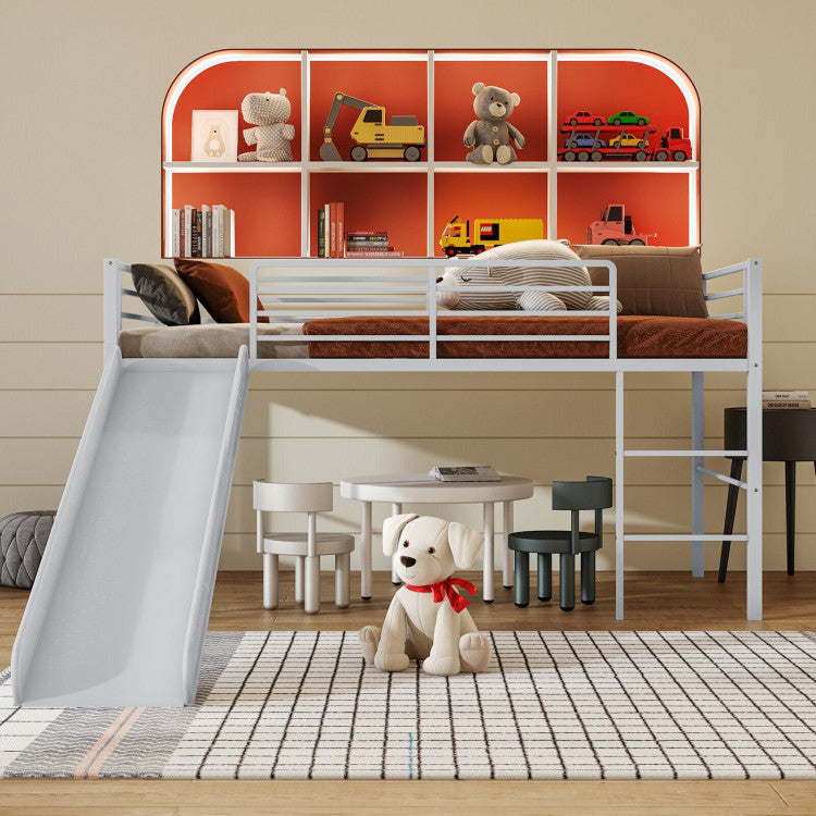 Costway Bed Frame Twin Metal Loft with Safety Guardrails and Slide Ladder New