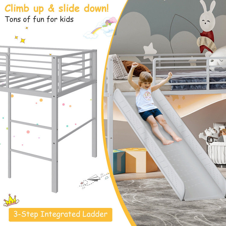 Costway Bed Frame Twin Metal Loft with Safety Guardrails and Slide Ladder New