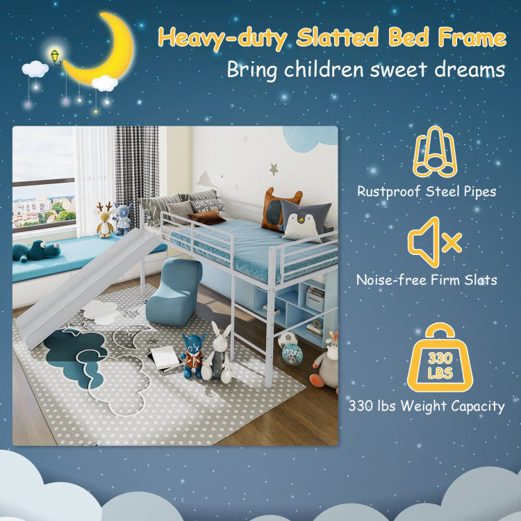Costway Bed Frame Twin Metal Loft with Safety Guardrails and Slide Ladder New