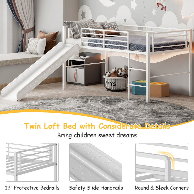 Costway Bed Frame Twin Metal Loft with Safety Guardrails and Slide Ladder New