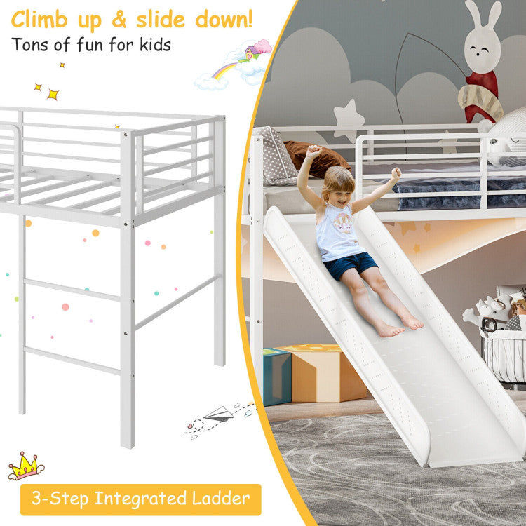 Costway Bed Frame Twin Metal Loft with Safety Guardrails and Slide Ladder New