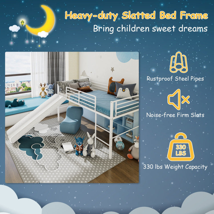 Costway Bed Frame Twin Metal Loft with Safety Guardrails and Slide Ladder New