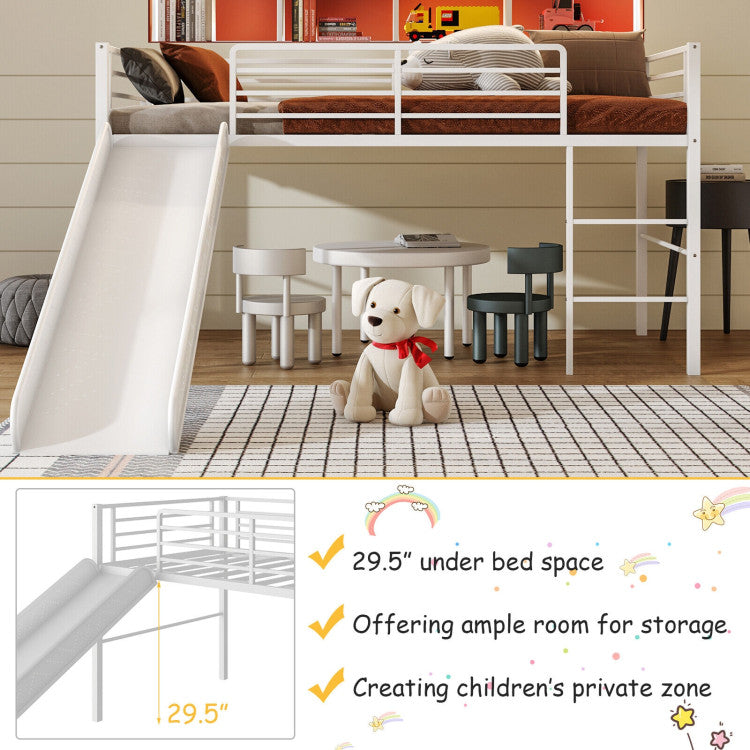 Costway Bed Frame Twin Metal Loft with Safety Guardrails and Slide Ladder New