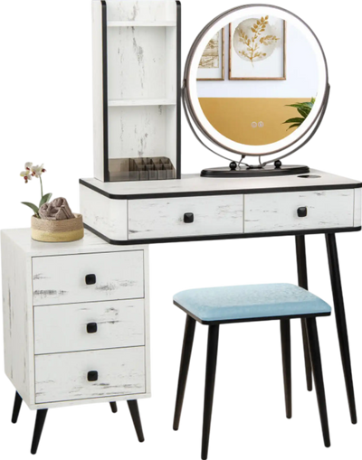 Costway Vanity Set with 3 Color Lighted Mirror and Cushioned Stool New