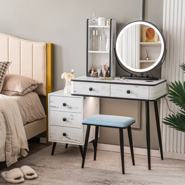 Costway Vanity Set with 3 Color Lighted Mirror and Cushioned Stool New