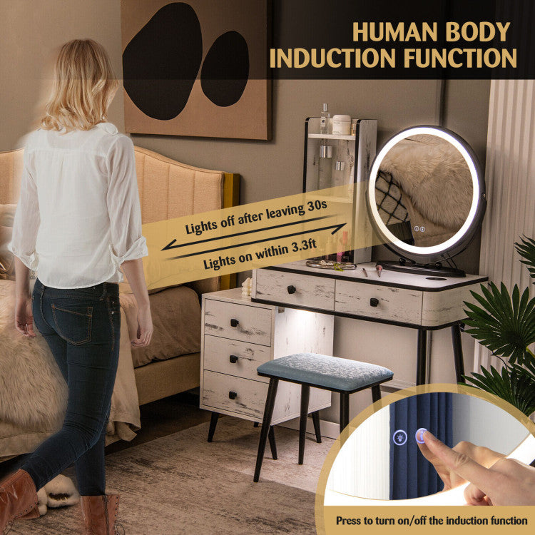 Costway Vanity Set with 3 Color Lighted Mirror and Cushioned Stool New