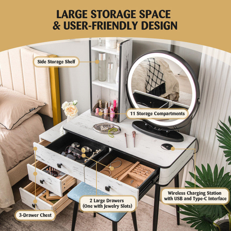 Costway Vanity Set with 3 Color Lighted Mirror and Cushioned Stool New