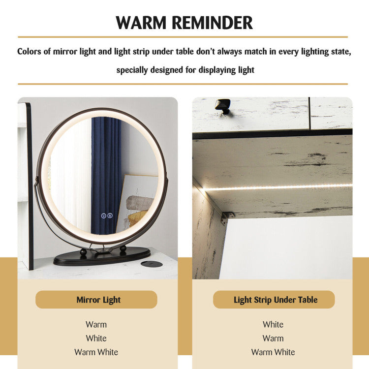 Costway Vanity Set with 3 Color Lighted Mirror and Cushioned Stool New
