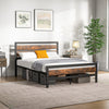 Full/Queen industrial bed frame with rustic headboard and footboard, featuring under-bed storage and noise-free design.