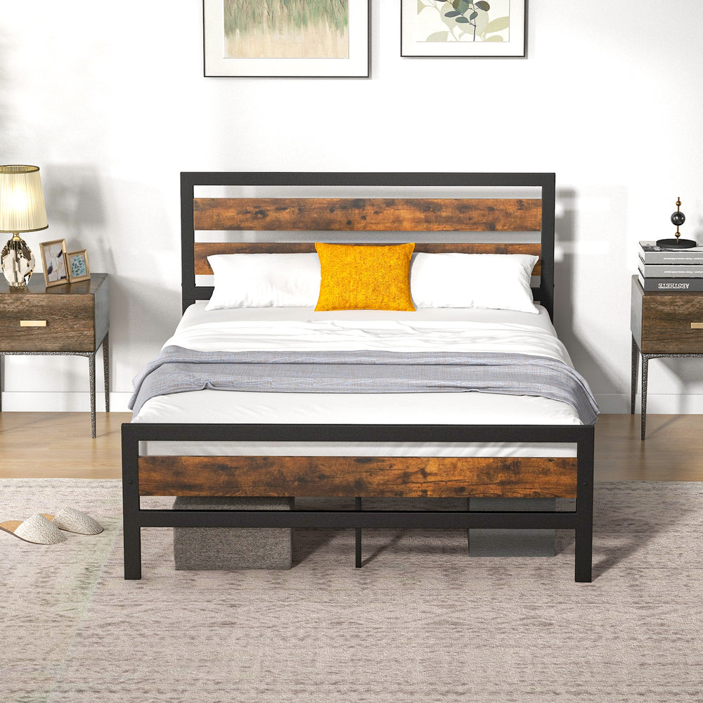 Full/Queen industrial bed frame with rustic headboard and footboard, featuring easy assembly and under-bed storage.