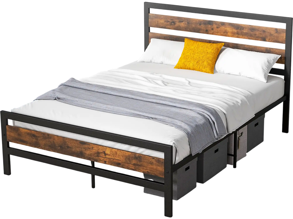 Full/Queen industrial bed frame with rustic headboard, featuring under-bed storage and noise-free slats for quiet sleep.