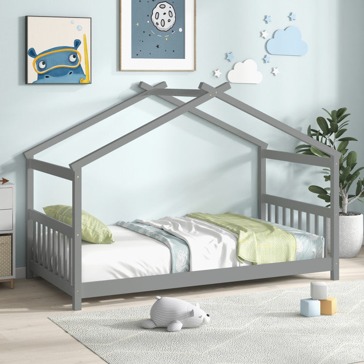 Costway Bed Frame Twin Size Wooden House Design with Roof for Kids Bedroom New