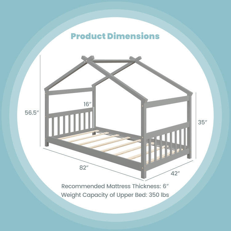 Costway Bed Frame Twin Size Wooden House Design with Roof for Kids Bedroom New