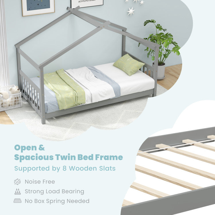 Costway Bed Frame Twin Size Wooden House Design with Roof for Kids Bedroom New