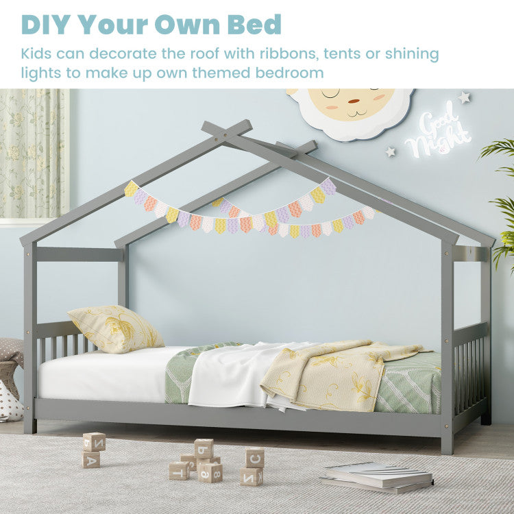 Costway Bed Frame Twin Size Wooden House Design with Roof for Kids Bedroom New