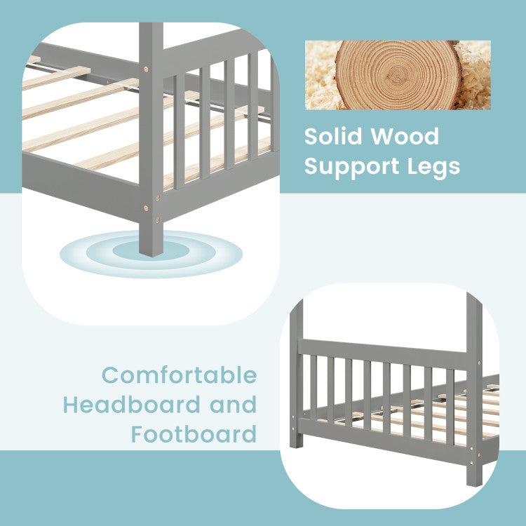 Costway Bed Frame Twin Size Wooden House Design with Roof for Kids Bedroom New
