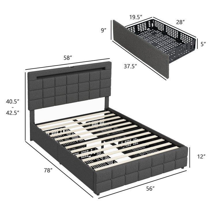 Costway Bed Frame with Upholstered Headboard LED Light Strip Storage Drawers and USB Ports New