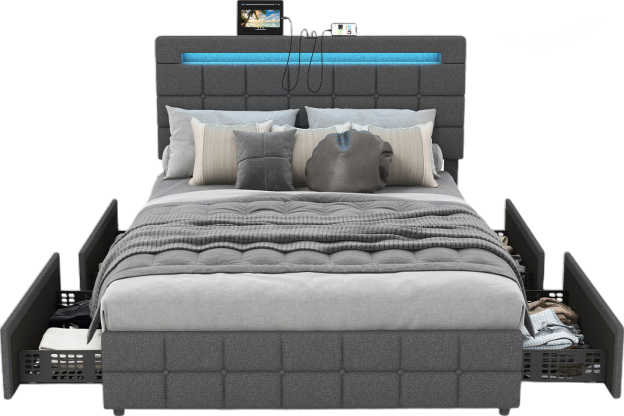 Costway Bed Frame with Upholstered Headboard LED Light Strip Storage Drawers and USB Ports New