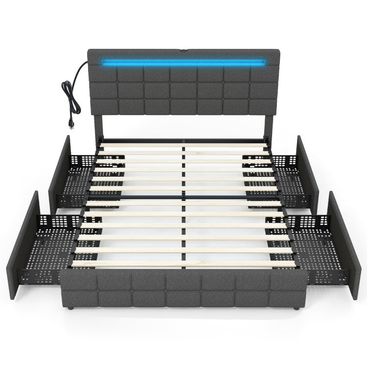 Costway Bed Frame with Upholstered Headboard LED Light Strip Storage Drawers and USB Ports New