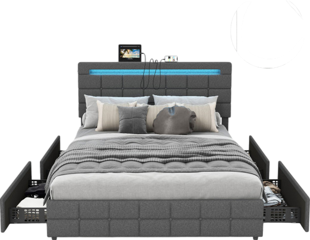 Costway Bed Frame with Upholstered Headboard LED Light Strip Storage Drawers and USB Ports New