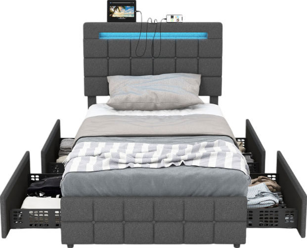 Costway Bed Frame with Upholstered Headboard LED Light Strip Storage Drawers and USB Ports New