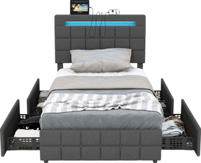 Costway Bed Frame with Upholstered Headboard LED Light Strip Storage Drawers and USB Ports New